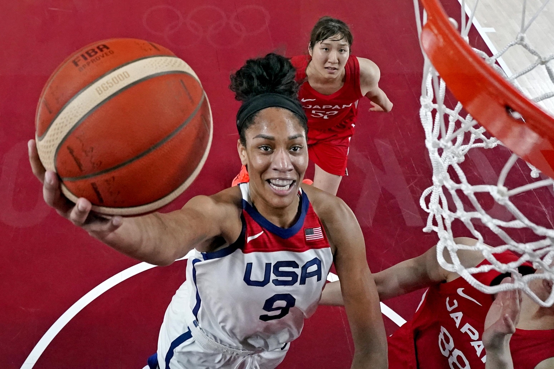 Aug 8, 2021; Saitama, Japan; United States forward A'Ja Wilson (9) shoots the ball Japan small forward Himawari Akaho (88) in the women's basketball gold medal match during the Tokyo 2020 Olympic Summer Games at Saitama Super Arena. Mandatory Credit: Kyle Terada-USA TODAY Sports