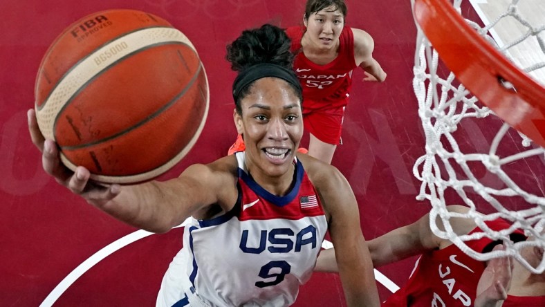 Aug 8, 2021; Saitama, Japan; United States forward A'Ja Wilson (9) shoots the ball Japan small forward Himawari Akaho (88) in the women's basketball gold medal match during the Tokyo 2020 Olympic Summer Games at Saitama Super Arena. Mandatory Credit: Kyle Terada-USA TODAY Sports