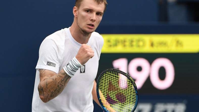 Aug 10, 2021; Toronto, Ontario, Canada;  Alexander Bublik of Kazakhstan reacts after winning he first set against Daniil Medvedev of Russia   in second round play in the National Bank Open at Aviva Centre. Mandatory Credit: Dan Hamilton-USA TODAY Sport