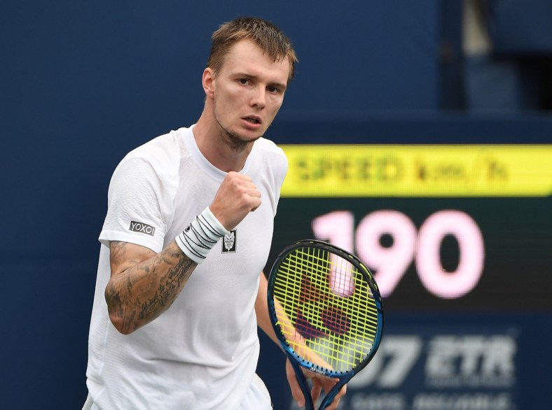 Aug 10, 2021; Toronto, Ontario, Canada;  Alexander Bublik of Kazakhstan reacts after winning he first set against Daniil Medvedev of Russia   in second round play in the National Bank Open at Aviva Centre. Mandatory Credit: Dan Hamilton-USA TODAY Sport