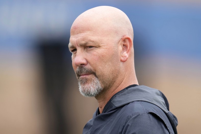 Aug 18, 2021; Thousand Oaks, CA, USA; Las Vegas Raiders defensive coordinator Gus Bradley looks on during a joint practice against the Los Angeles Rams. Mandatory Credit: Kirby Lee-USA TODAY Sports