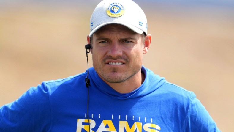 Aug 19, 2021; Thousand Oaks, CA, USA; Los Angeles Rams offensive coordinator Kevin O'Connell looks on during a joint practice against the Las Vegas Raiders. Mandatory Credit: Kirby Lee-USA TODAY Sports