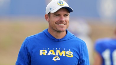 Aug 19, 2021; Thousand Oaks, CA, USA; Los Angeles Rams offensive coordinator Kevin O'Connell looks on during a joint practice against the Las Vegas Raiders. Mandatory Credit: Kirby Lee-USA TODAY Sports