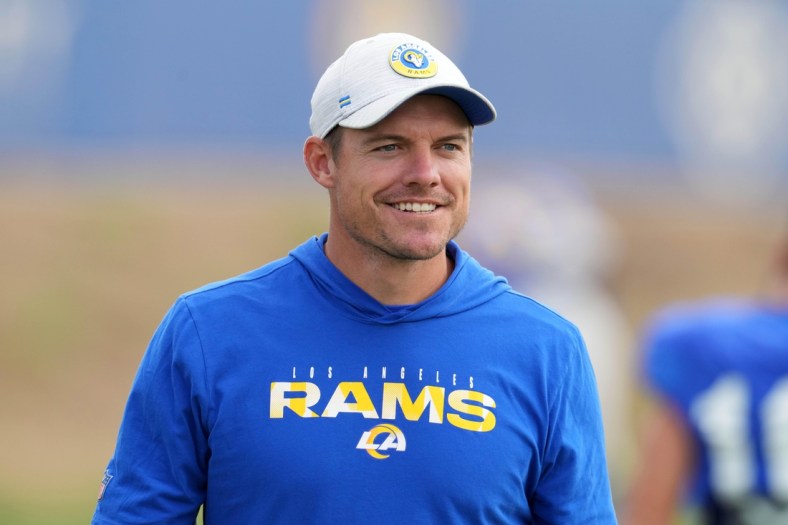 Aug 19, 2021; Thousand Oaks, CA, USA; Los Angeles Rams offensive coordinator Kevin O'Connell looks on during a joint practice against the Las Vegas Raiders. Mandatory Credit: Kirby Lee-USA TODAY Sports