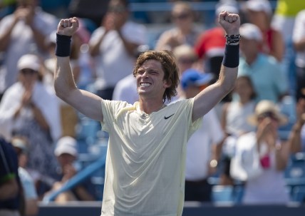 Aug 20, 2021; Mason, OH, USA; Andrey Rublev (RUS) celebrates winning his match against Benoit Paire (FRA not pictured) during the Western and Southern Open at the Lindner Family Tennis Center. Mandatory Credit: Susan Mullane-USA TODAY Sports