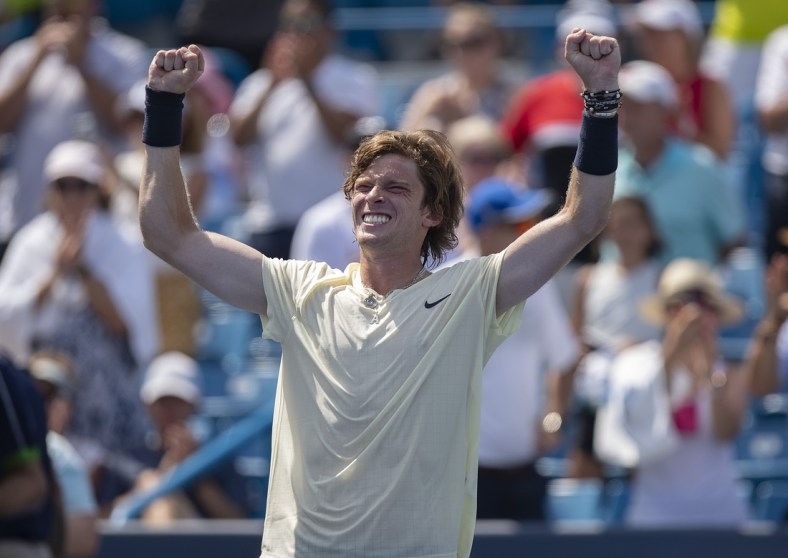 Aug 20, 2021; Mason, OH, USA; Andrey Rublev (RUS) celebrates winning his match against Benoit Paire (FRA not pictured) during the Western and Southern Open at the Lindner Family Tennis Center. Mandatory Credit: Susan Mullane-USA TODAY Sports