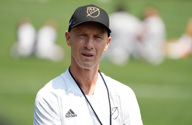 Aug 24, 2021; Los Angeles, CA, USA;  MLS All-Stars head coach Bob Bradley talks with the media following a practice at LAFC's Nectar Performance Center. Mandatory Credit: Kirby Lee-USA TODAY Sports