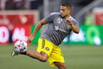 Aug 18, 2021; Harrison, New Jersey, USA; Columbus Crew forward Erik Hurtado (33) warms up before the game against the New York Red Bulls at Red Bull Arena. Mandatory Credit: Vincent Carchietta-USA TODAY Sports