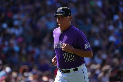 Sep 5, 2021; Denver, Colorado, USA; Colorado Rockies manager Bud Black (10) leaves the mound in the seventh inning against the Atlanta Braves at Coors Field. Mandatory Credit: Ron Chenoy-USA TODAY Sports