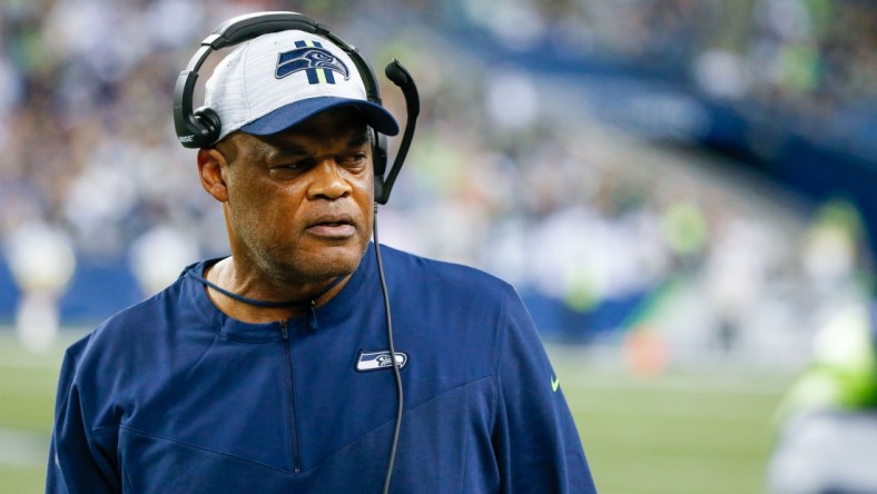 Aug 28, 2021; Seattle, Washington, USA; Seattle Seahawks defensive coordinator Ken Norton, Jr., stands on the sideline during the third quarter against the Los Angeles Chargers at Lumen Field. Mandatory Credit: Joe Nicholson-USA TODAY Sports