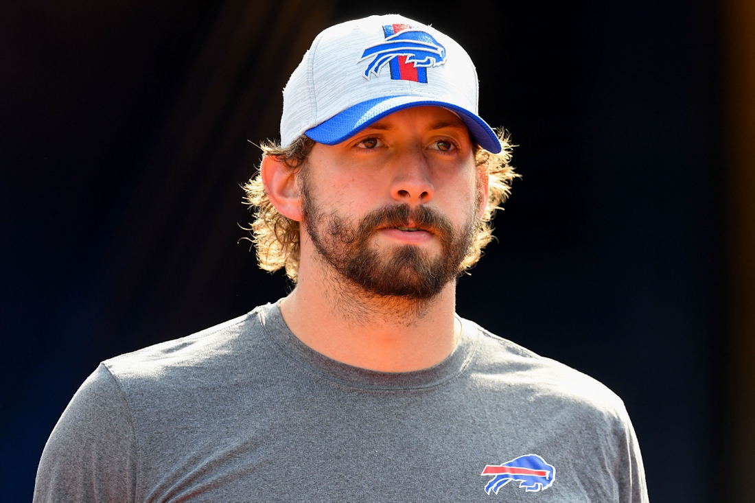 Aug 28, 2021; Orchard Park, New York, USA; Buffalo Bills quarterback Davis Webb (7) walks to the field prior to the game against the Green Bay Packers at Highmark Stadium. Mandatory Credit: Rich Barnes-USA TODAY Sports