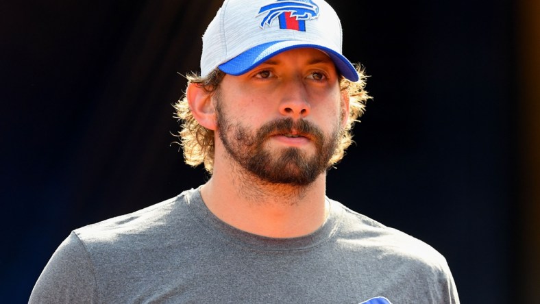 Aug 28, 2021; Orchard Park, New York, USA; Buffalo Bills quarterback Davis Webb (7) walks to the field prior to the game against the Green Bay Packers at Highmark Stadium. Mandatory Credit: Rich Barnes-USA TODAY Sports