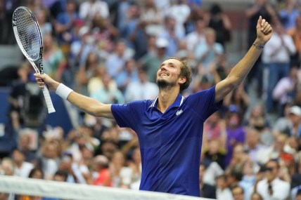 Sep 12, 2021; Flushing, NY, USA; Daniil Medvedev of Russia celebrates after his match against Novak Djokovic of Serbia (not pictured) in the men's singles final on day fourteen of the 2021 U.S. Open tennis tournament at USTA Billie Jean King National Tennis Center. Mandatory Credit: Danielle Parhizkaran-USA TODAY Sports