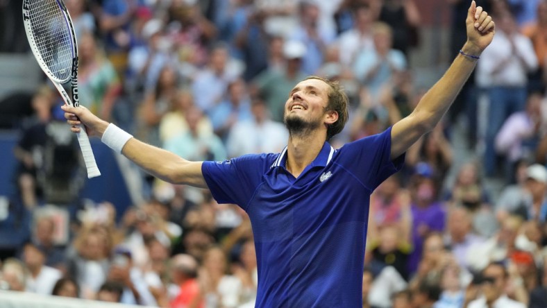 Sep 12, 2021; Flushing, NY, USA; Daniil Medvedev of Russia celebrates after his match against Novak Djokovic of Serbia (not pictured) in the men's singles final on day fourteen of the 2021 U.S. Open tennis tournament at USTA Billie Jean King National Tennis Center. Mandatory Credit: Danielle Parhizkaran-USA TODAY Sports