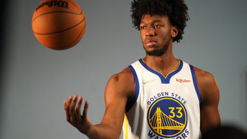 Sep 27, 2021; San Francisco, CA, USA; Golden State Warriors center James Wiseman (33) during Media Day at the Chase Center. Mandatory Credit: Cary Edmondson-USA TODAY Sports