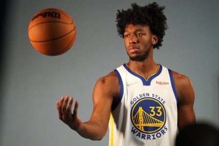Sep 27, 2021; San Francisco, CA, USA; Golden State Warriors center James Wiseman (33) during Media Day at the Chase Center. Mandatory Credit: Cary Edmondson-USA TODAY Sports