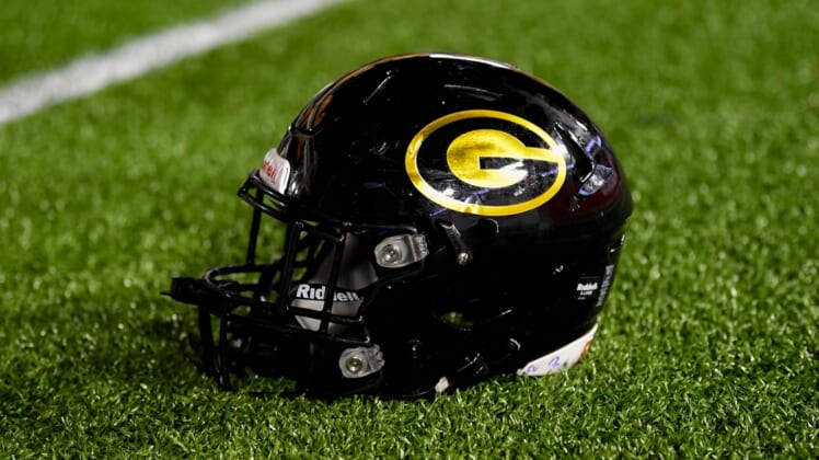 Sep 18, 2021; Houston, Texas, USA;  A general picture of a Grambling State Tigers helmet on the sideline of the game between the Houston Cougars and the Grambling State Tigers at TDECU Stadium. Mandatory Credit: Maria Lysaker-USA TODAY Sports