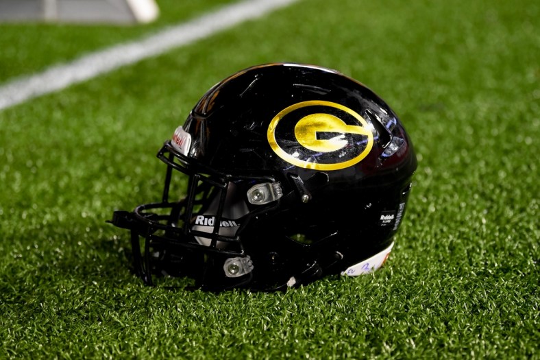 Sep 18, 2021; Houston, Texas, USA;  A general picture of a Grambling State Tigers helmet on the sideline of the game between the Houston Cougars and the Grambling State Tigers at TDECU Stadium. Mandatory Credit: Maria Lysaker-USA TODAY Sports