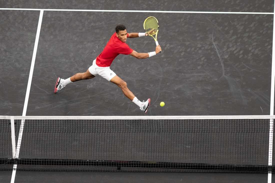 Sep 24, 2021; Boston, MA, USA; Felix Auger-Aliassime of Team Europe during the Laver Cup at TD Garden. Mandatory Credit: Richard Cashin-USA TODAY Sports