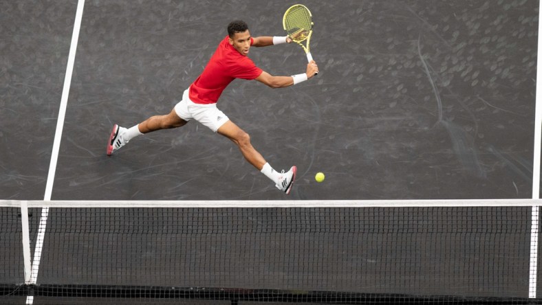 Sep 24, 2021; Boston, MA, USA; Felix Auger-Aliassime of Team Europe during the Laver Cup at TD Garden. Mandatory Credit: Richard Cashin-USA TODAY Sports