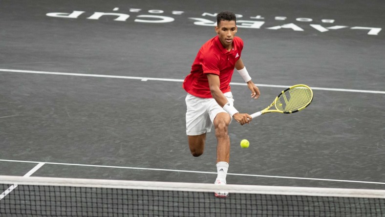 Sep 24, 2021; Boston, MA, USA; Felix Auger-Aliassime of Team Europe during the Laver Cup at TD Garden. Mandatory Credit: Richard Cashin-USA TODAY Sports