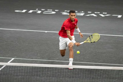 Sep 24, 2021; Boston, MA, USA; Felix Auger-Aliassime of Team Europe during the Laver Cup at TD Garden. Mandatory Credit: Richard Cashin-USA TODAY Sports