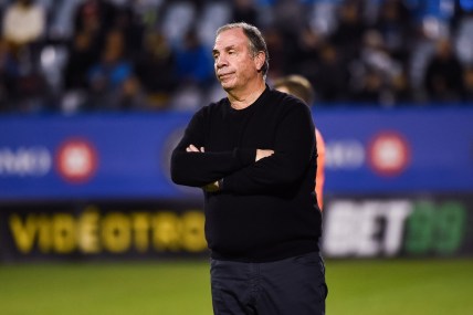 Sep 29, 2021; Montreal, Quebec, CAN; New England Revolution head coach Bruce Arena looks at the play during the second half at Stade Saputo. Mandatory Credit: David Kirouac-USA TODAY Sports