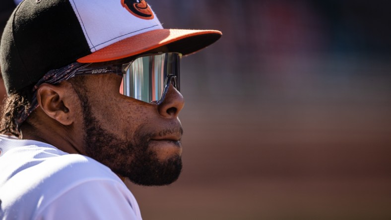 Sep 26, 2021; Baltimore, Maryland, USA; Baltimore Orioles center fielder Cedric Mullins (31) looks on during the game against the Texas Rangers at Oriole Park at Camden Yards. Mandatory Credit: Scott Taetsch-USA TODAY Sports