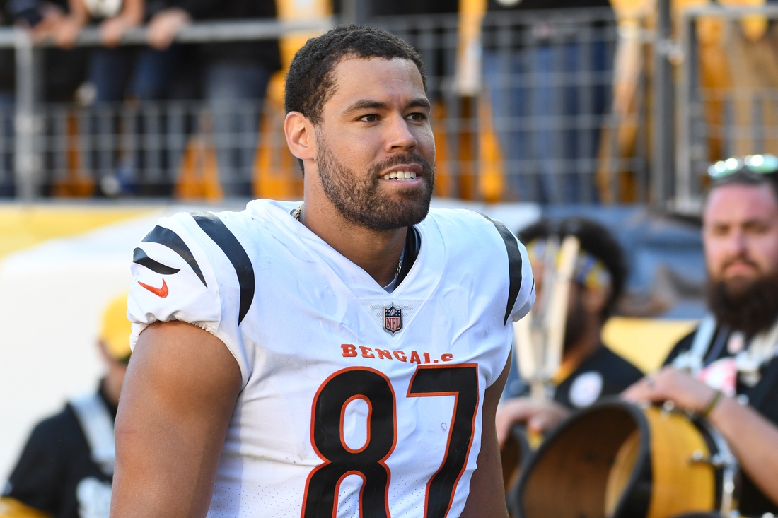 Cincinnati Bengals tight end C.J. Uzomah (87) celebrates with Cincinnati  Bengals wide receiver …