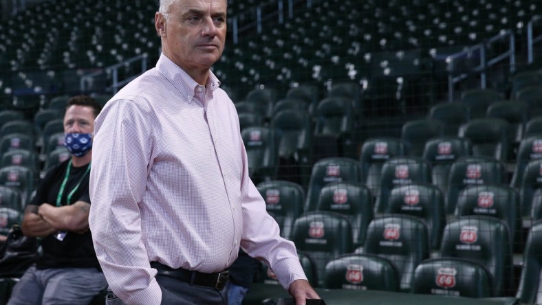 Oct 7, 2021; Houston, Texas, USA; MLB commissioner Rob Manfred in attendance before game one of the 2021 ALDS between the Houston Astros and the Chicago White Sox at Minute Maid Park. Mandatory Credit: Troy Taormina-USA TODAY Sports