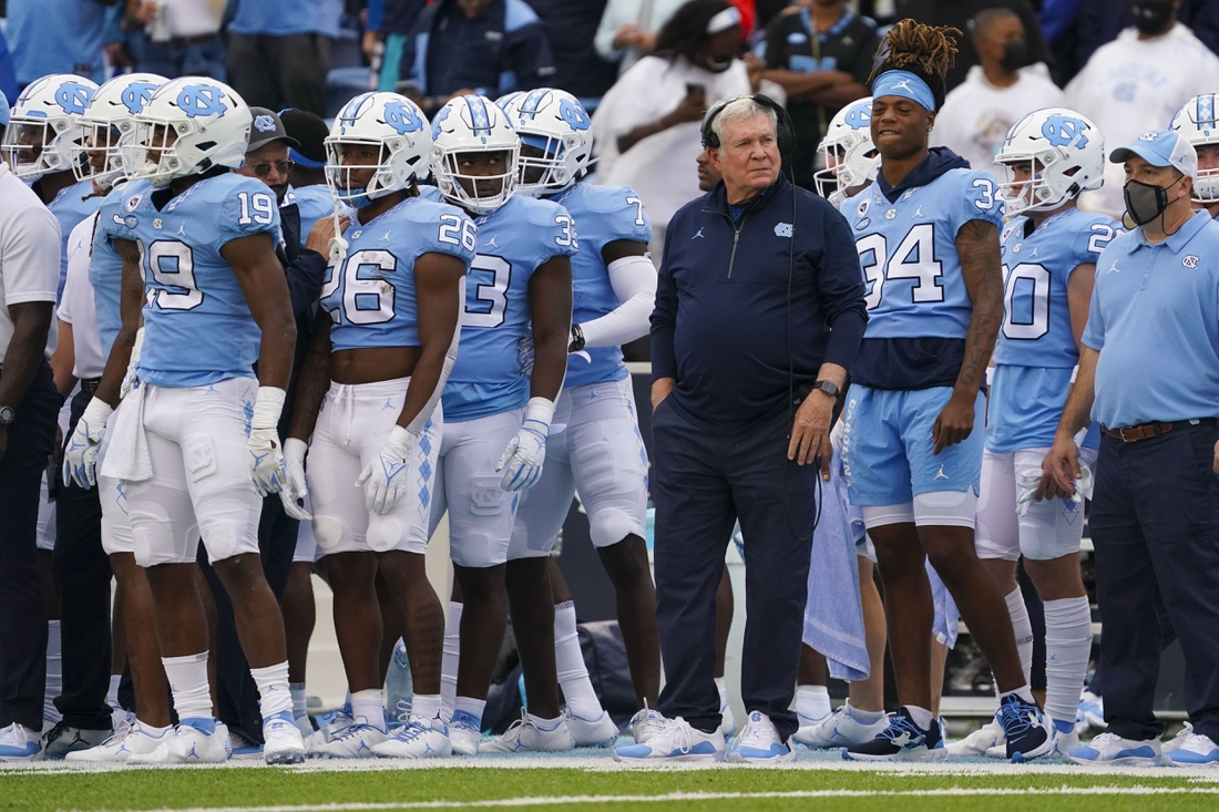 Oct 9, 2021; Chapel Hill, North Carolina, USA;  North Carolina Tar Heels head coach  Mack Brown looks on from the sidelines against the Florida State Seminoles at Kenan Memorial Stadium. Mandatory Credit: James Guillory-USA TODAY Sports