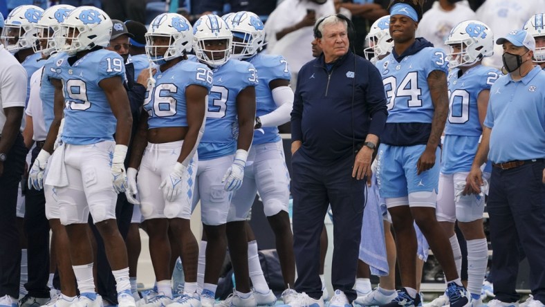 Oct 9, 2021; Chapel Hill, North Carolina, USA;  North Carolina Tar Heels head coach  Mack Brown looks on from the sidelines against the Florida State Seminoles at Kenan Memorial Stadium. Mandatory Credit: James Guillory-USA TODAY Sports