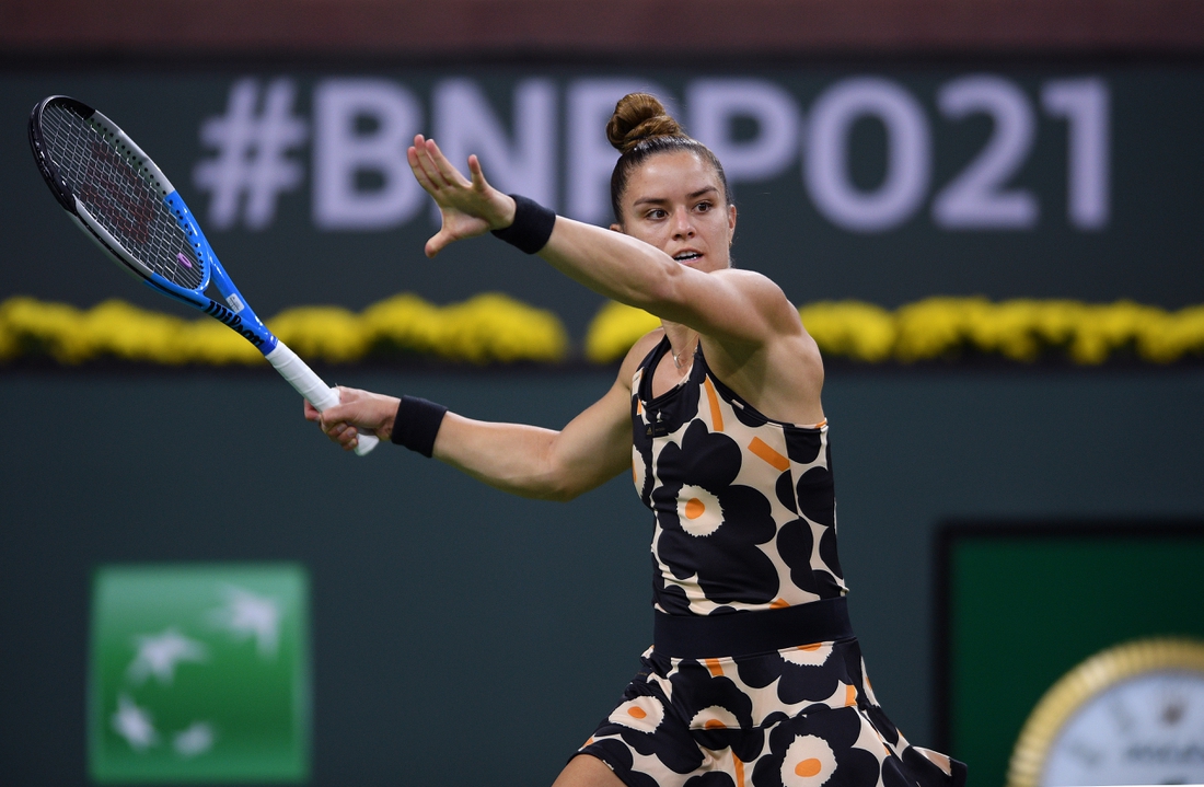 Oct 9, 2021; Indian Wells, CA, USA; Maria Sakkari (GRE) hits a shot against Viktorija Golubic (SUI) at Indian Wells Tennis Garden. Mandatory Credit: Orlando Ramirez-USA TODAY Sports