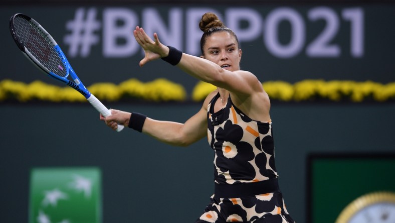 Oct 9, 2021; Indian Wells, CA, USA; Maria Sakkari (GRE) hits a shot against Viktorija Golubic (SUI) at Indian Wells Tennis Garden. Mandatory Credit: Orlando Ramirez-USA TODAY Sports