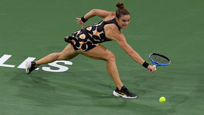 Oct 9, 2021; Indian Wells, CA, USA; Maria Sakkari (GRE) hits a shot against Viktorija Golubic (SUI) at Indian Wells Tennis Garden. Mandatory Credit: Orlando Ramirez-USA TODAY Sports