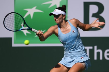 Oct 10, 2021; Indian Wells, CA, USA; Irina-Camelia Begu (ROU) hits a shot against Shelby Rogers (USA) at Indian Wells Tennis Garden. Mandatory Credit: Orlando Ramirez-USA TODAY Sports