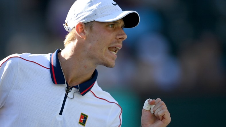 Oct 11, 2021; Indian Wells, CA, USA; Denis Shapovalov (CAN) reacts after winning a point against Aslan Karatsev (RUS) during a third round match in the BNP Paribas Open at the Indian Wells Tennis Garden. Mandatory Credit: Jayne Kamin-Oncea-USA TODAY Sports