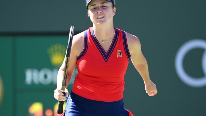 Oct 12, 2021; Indian Wells, CA, USA; Elina Svitolina (UKR) reacts missing a shot against Jessica Pegula (USA) during a fourth round match match in the BNP Paribas Open at the Indian Wells Tennis Garden. Mandatory Credit: Jayne Kamin-Oncea-USA TODAY Sports