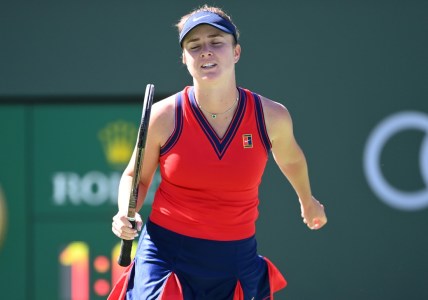 Oct 12, 2021; Indian Wells, CA, USA; Elina Svitolina (UKR) reacts missing a shot against Jessica Pegula (USA) during a fourth round match match in the BNP Paribas Open at the Indian Wells Tennis Garden. Mandatory Credit: Jayne Kamin-Oncea-USA TODAY Sports