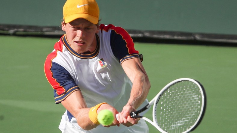 Jannik Sinner hits a shot during his match against Taylor Fritz at the BNP Paribas Open in Indian Wells, October 13, 2021.

Bnp Wed 20