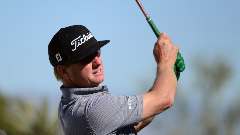 Oct 14, 2021; Las Vegas, Nevada, USA; Charley Hoffman tees off on the first during the first round of the CJ Cup golf tournament. Mandatory Credit: Joe Camporeale-USA TODAY Sports