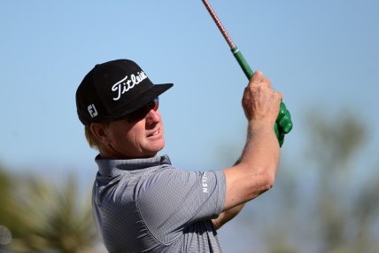 Oct 14, 2021; Las Vegas, Nevada, USA; Charley Hoffman tees off on the first during the first round of the CJ Cup golf tournament. Mandatory Credit: Joe Camporeale-USA TODAY Sports