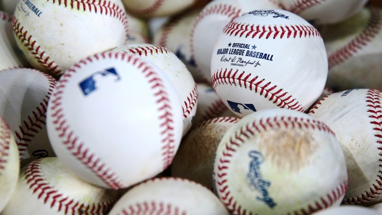 Oct 15, 2021; Houston, Texas, USA; General view of batting practice baseballs before game one of the 2021 ALCS between the Houston Astros and the Boston Red Sox at Minute Maid Park. Mandatory Credit: Troy Taormina-USA TODAY Sports