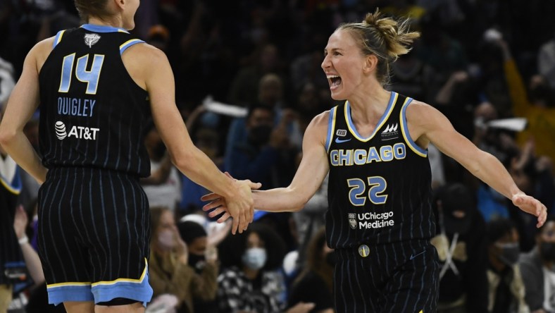 Oct 15, 2021; Chicago, Illinois, USA; Chicago Sky guard Allie Quigley (14) and Chicago Sky guard Courtney Vandersloot (22) during the first half of game three of the 2021 WNBA Finals against the Phoenix Mercury  at Wintrust Arena. Mandatory Credit: Matt Marton-USA TODAY Sports