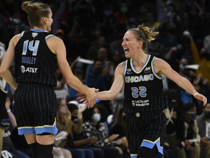 Oct 15, 2021; Chicago, Illinois, USA; Chicago Sky guard Allie Quigley (14) and Chicago Sky guard Courtney Vandersloot (22) during the first half of game three of the 2021 WNBA Finals against the Phoenix Mercury  at Wintrust Arena. Mandatory Credit: Matt Marton-USA TODAY Sports