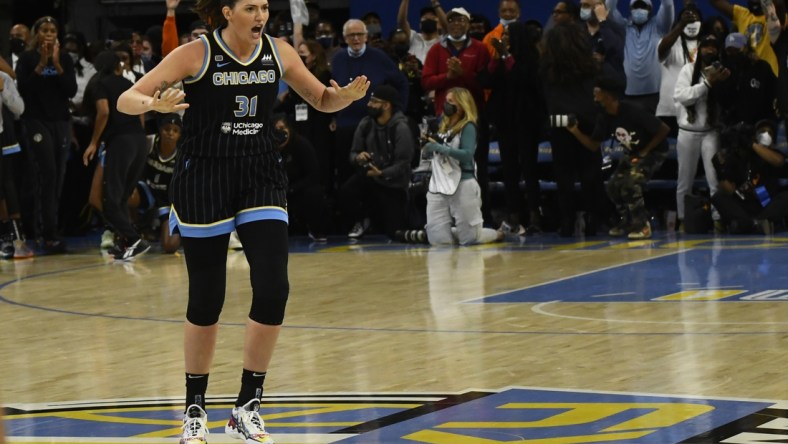 Oct 17, 2021; Chicago, Illinois, USA; Chicago Sky center Stefanie Dolson (31) during the second half of game four of the 2021 WNBA Finals against the Phoenix Mercury at Wintrust Arena. Mandatory Credit: Matt Marton-USA TODAY Sports