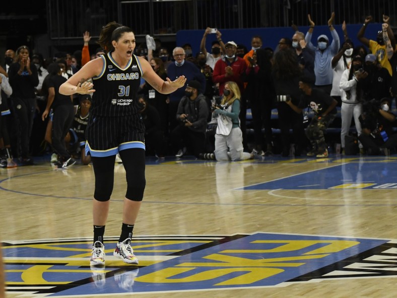 Oct 17, 2021; Chicago, Illinois, USA; Chicago Sky center Stefanie Dolson (31) during the second half of game four of the 2021 WNBA Finals against the Phoenix Mercury at Wintrust Arena. Mandatory Credit: Matt Marton-USA TODAY Sports