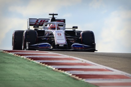 Oct 23, 2021; Austin, TX, USA; Uralkali Haas F1 Team driver Nikita Mazepin (9) of Russian Automobile Federation drives during the qualifying session for the United States Grand Prix at Circuit of the Americas. Mandatory Credit: Jerome Miron-USA TODAY Sports