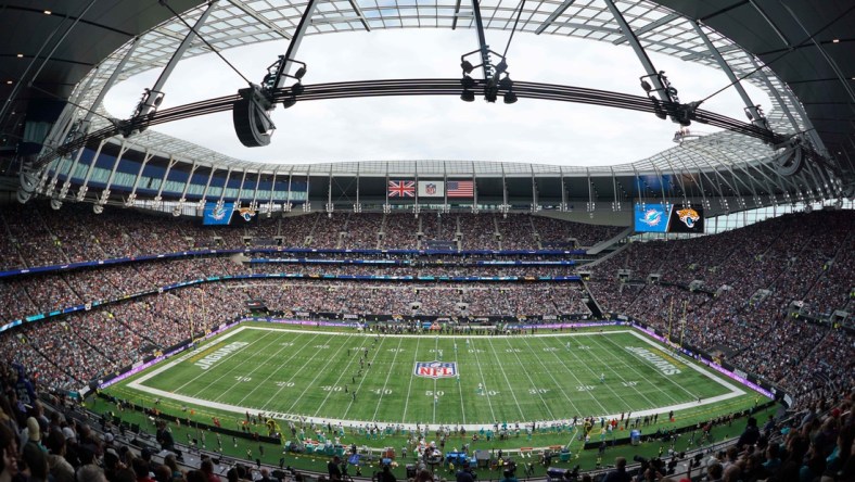 Oct 17, 2021; London, England, United Kingdom; A general overall view of the opening kickoff of the NFL International Series game between the Miami Dolphins and the Jacksonville Jaguars at Tottenham Hotspur Stadium. The Jaguars defeated the Dolphins 23-20. Mandatory Credit: Kirby Lee-USA TODAY Sports