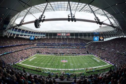 Oct 17, 2021; London, England, United Kingdom; A general overall view of the opening kickoff of the NFL International Series game between the Miami Dolphins and the Jacksonville Jaguars at Tottenham Hotspur Stadium. The Jaguars defeated the Dolphins 23-20. Mandatory Credit: Kirby Lee-USA TODAY Sports